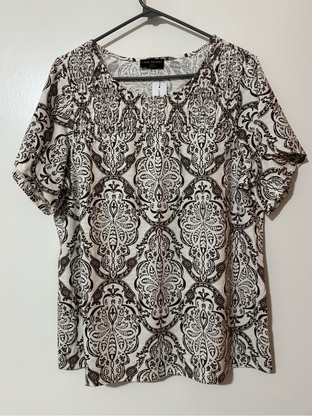 Lane Bryant Cream and Brown Medallion Print Short Sleeve Top
